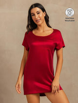[Wine] SilkSilky-CA 19Momme Machine-Washable Silk Short Sleeve Round Neck Nightgown 001