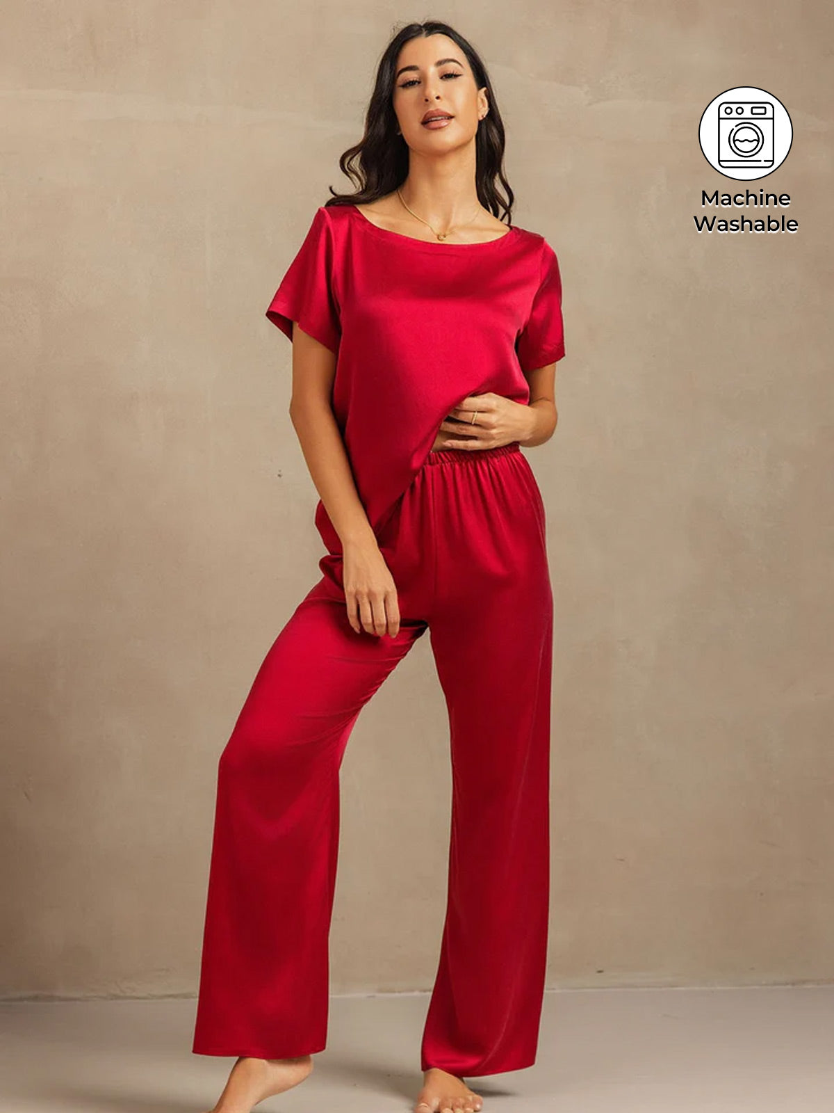 [Wine] SilkSilky-CA 19Momme Machine-Washable Silk Short Sleeve Women's Pajamas 001