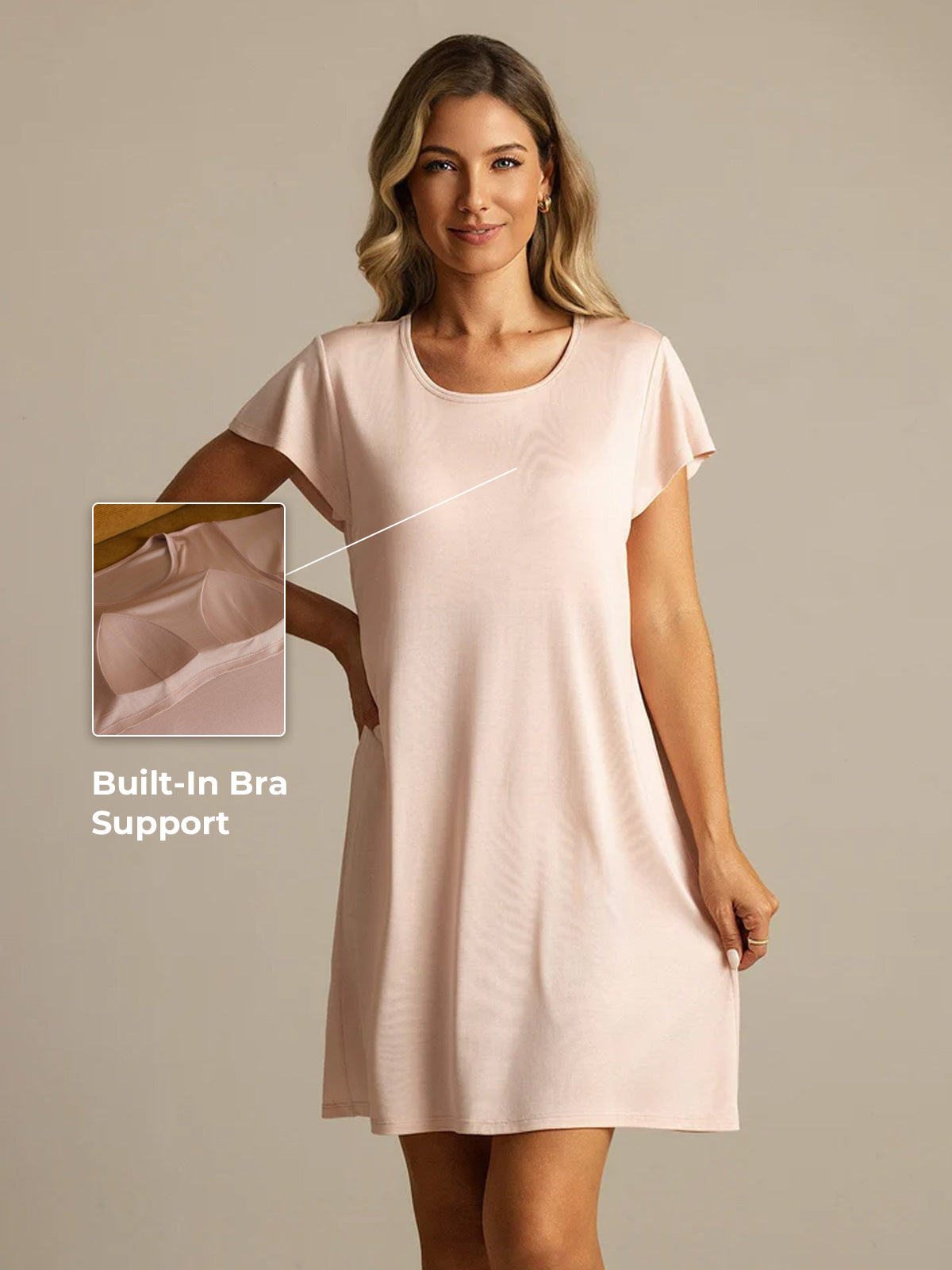 Pure Silk Round collar Short Nightgown with Chest Pad Design