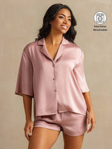 [Peach Skin] SilkSilky-CA 19Momme Machine-Washable Silk Half Sleeve Notch Collar Women's Pajamas 001