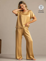 [Tan] SilkSilky-CA 19Momme Machine-Washable Silk Short Sleeve Women's Pajamas 001