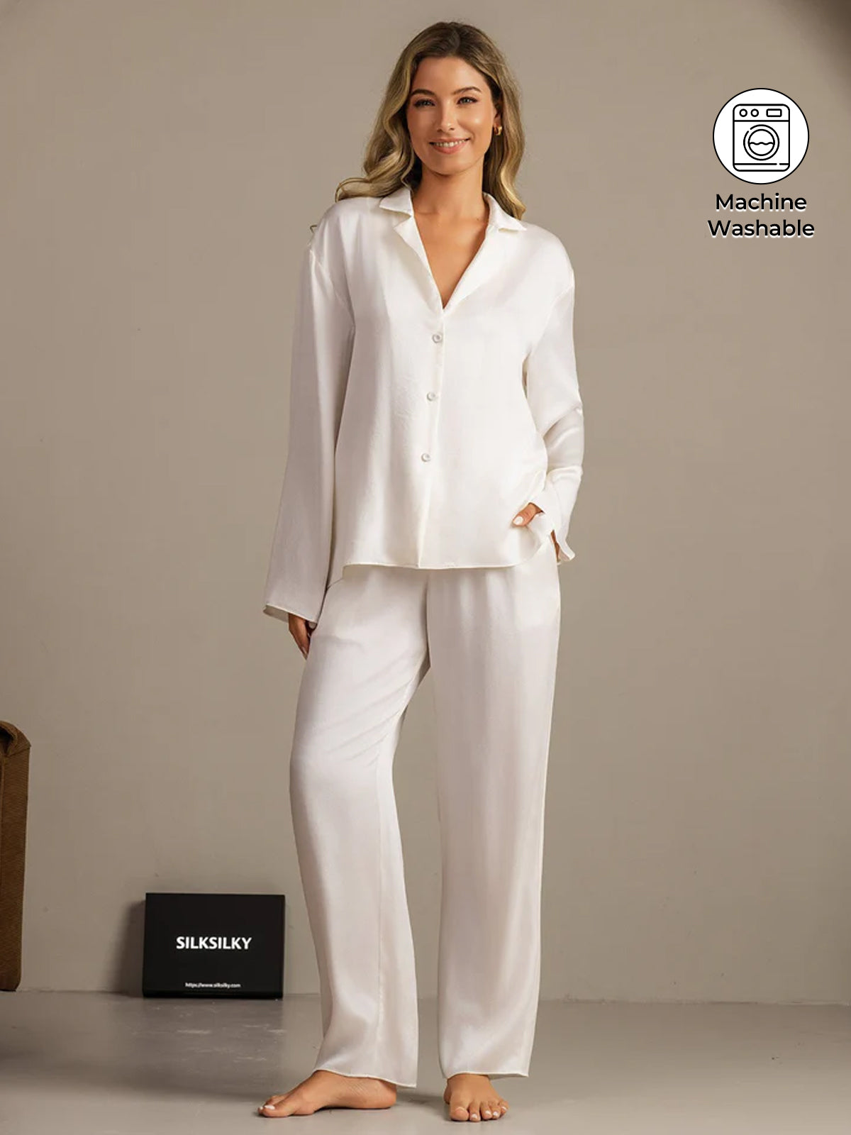 [White] SilkSilky-CA 19Momme Machine-Washable Silk Notched Neck Women's Pajamas 001