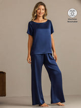 [Dark Blue] SilkSilky-CA 19Momme Machine-Washable Silk Short Sleeve Women's Pajamas 001
