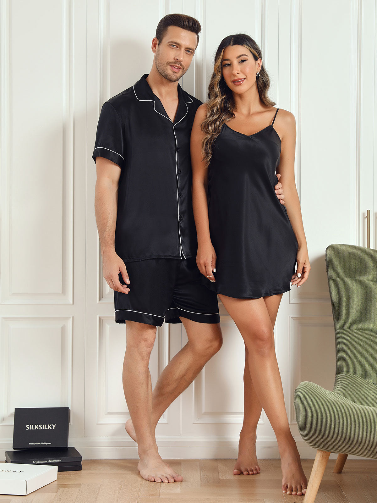 SilkSilky CA Pure Silk Short Sleeve Couple Black 003