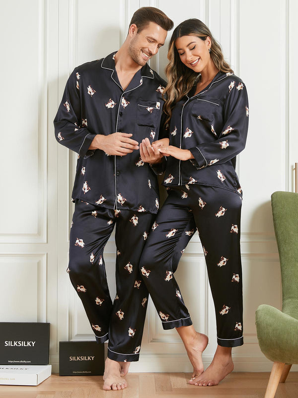 4Pcs Pure Silk Cute Dogs Printed Couple Pajama Sets