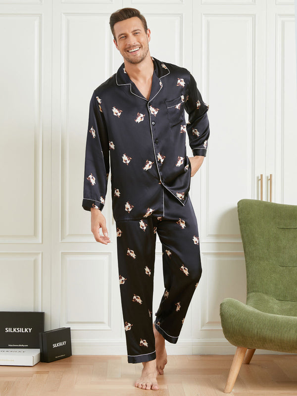 2Pcs Pure Silk Dog Pattern Button Up Mens Pajamas