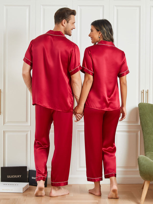 Pure Silk Short Sleeve Couple Pajama Sets Total 4Pcs
