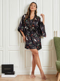 SilkSilky CA 3/4 Sleeve Nightgown&Robe Set Black 006