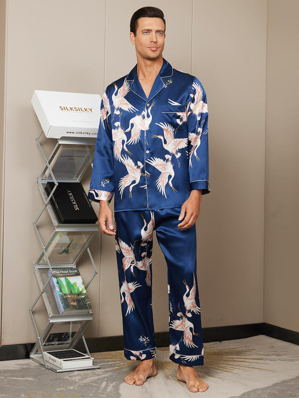 19Momme Pure Silk Red-Crowned Crane Pattern Mens Pajamas