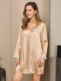 SilkSilky CA Pure Silk Long Sleeve V Neck Nightgown Gold 001