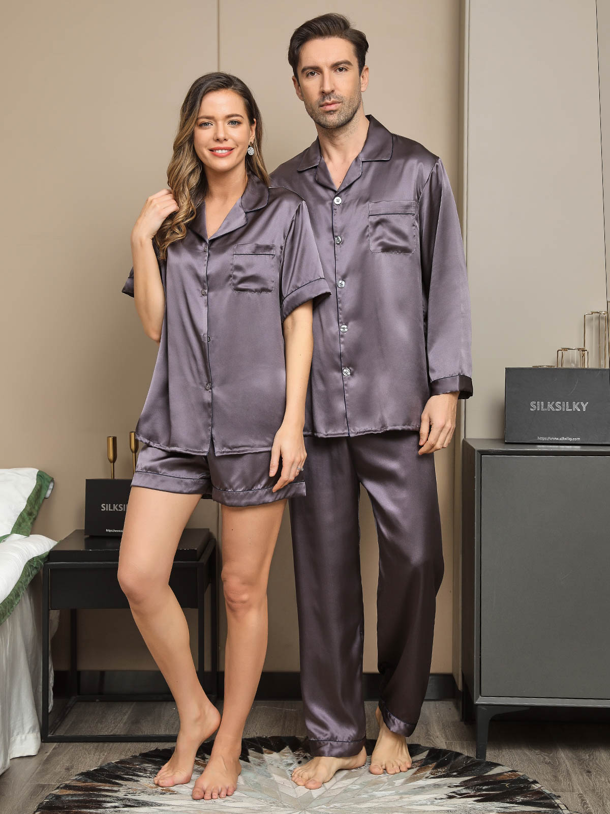 [Purple Gray] SilkSilky-CA Pure Silk Short Sleeve Couple 001