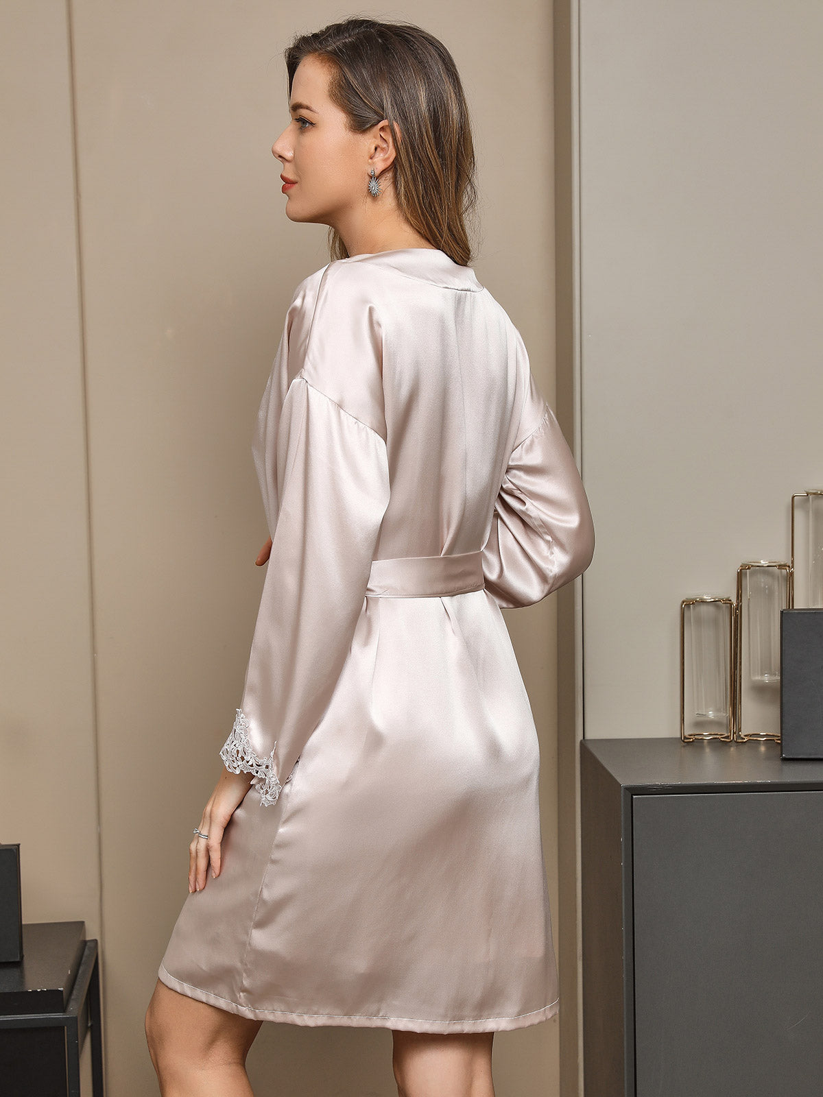 SilkSilky CA Pure Silk Long Sleeve Nightgown&Robe Set Beige 003