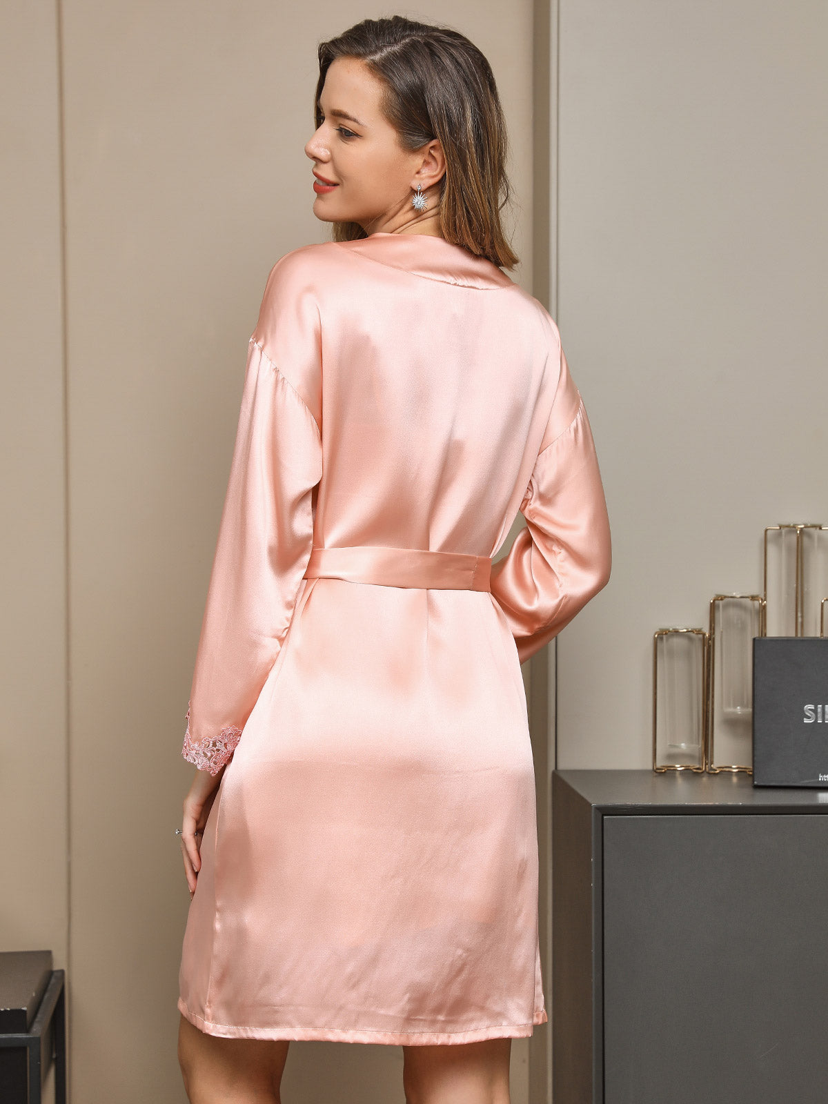 SilkSilky CA Pure Silk Long Sleeve Nightgown&Robe Set Pink 002