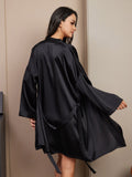 SilkSilky CA Pure Silk V Neck Nightgown&Robe Set Black 002