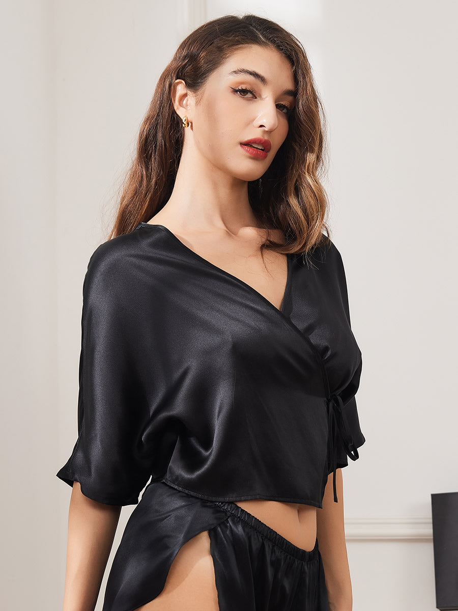 Pure Silk Lace Up Wrap Half Sleeve Women's Shirt