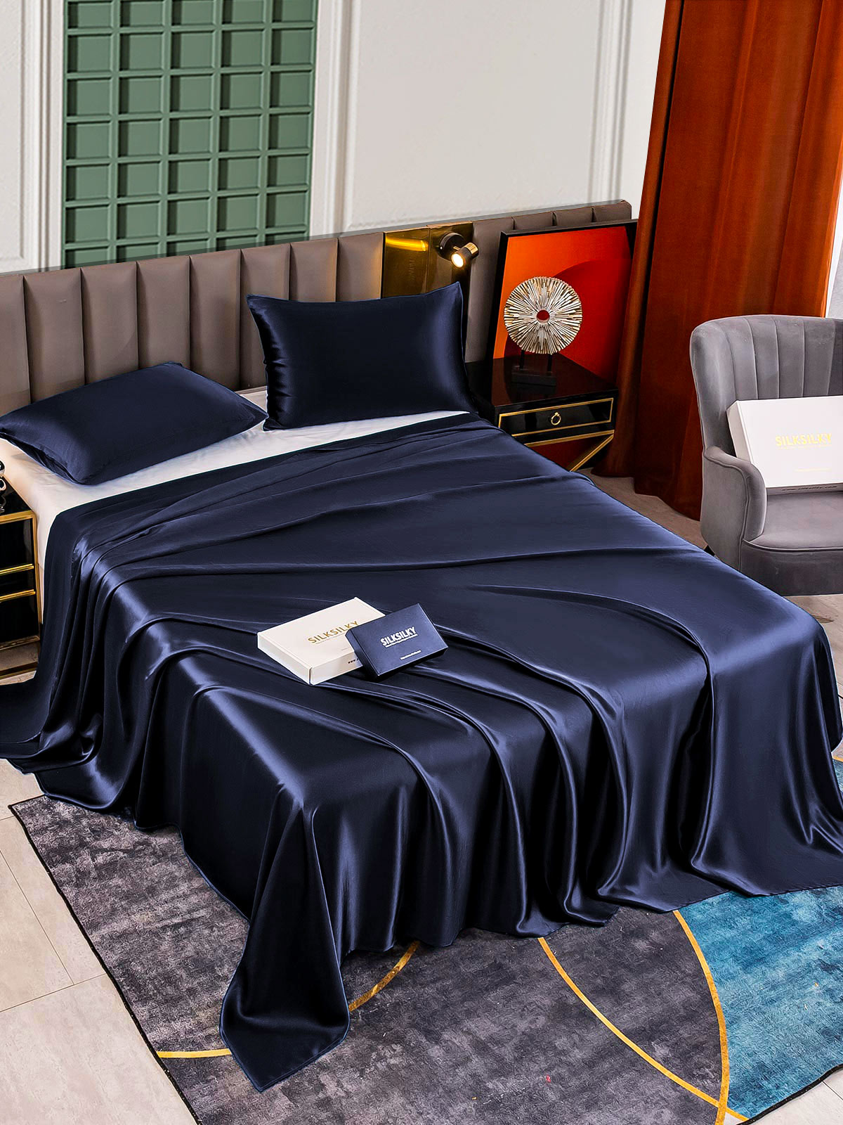 SilkSilky CA 25Momme Pure Silk Bedding Set DarkBlue 002