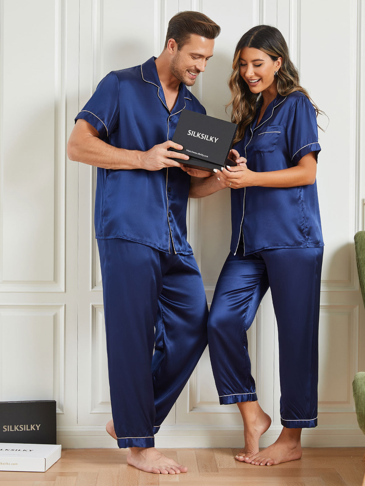 [Dark Blue] SilkSilky-CA Pure Silk Short Sleeve Couple 003