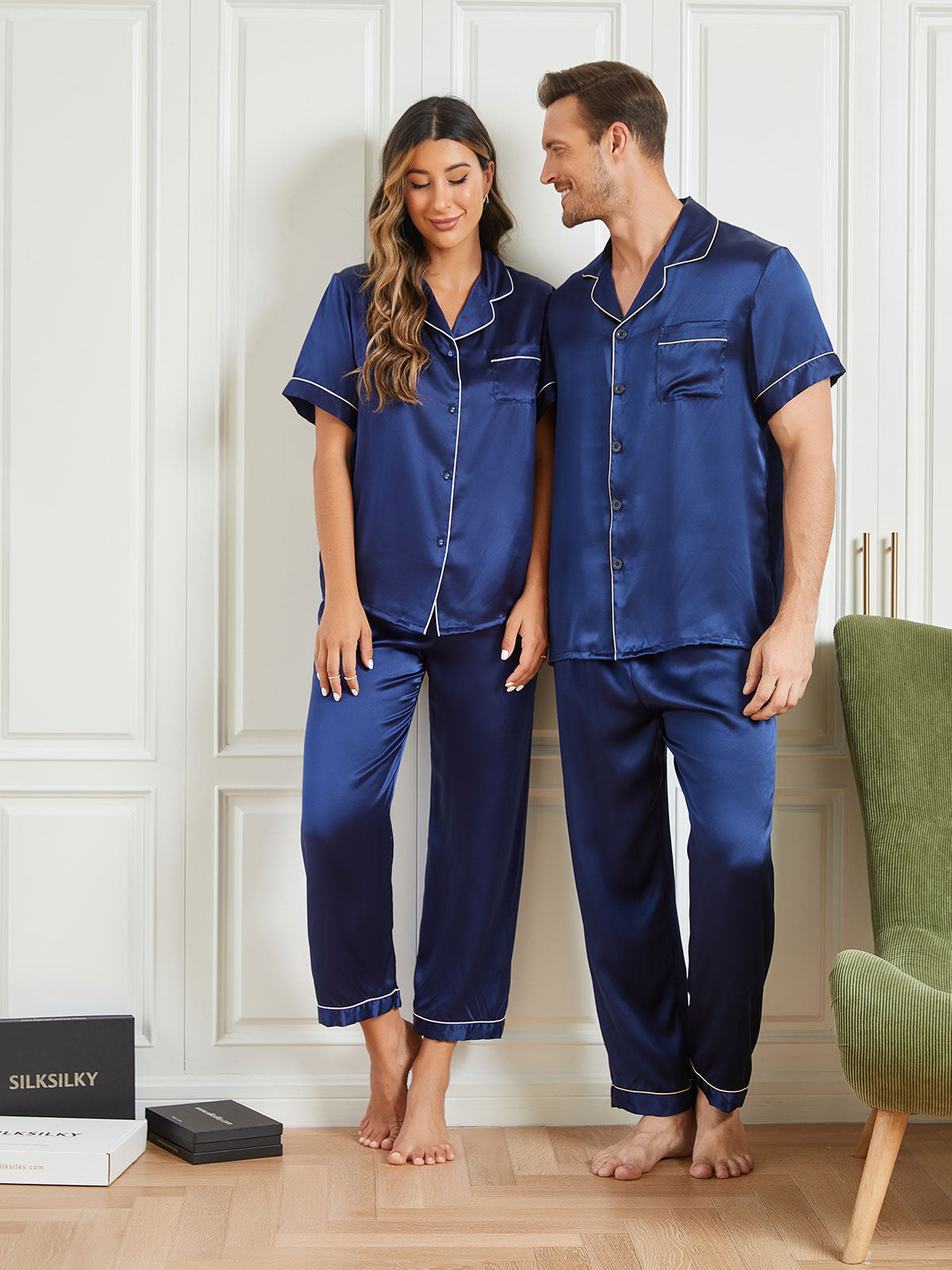 [Dark Blue] SilkSilky-CA Pure Silk Short Sleeve Couple 004