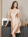 SilkSilky CA Pure Silk Short Sleeve V Neck Nightgown Champagne 001