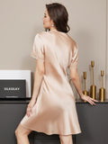 SilkSilky CA Pure Silk Short Sleeve V Neck Nightgown Champagne 002