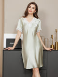 SilkSilky CA Pure Silk Short Sleeve V Neck Nightgown MintGreen 001