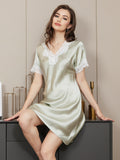 SilkSilky CA Pure Silk Short Sleeve V Neck Nightgown MintGreen 004