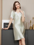 SilkSilky CA Pure Silk Short Sleeve V Neck Nightgown MintGreen 005