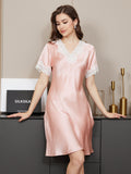 SilkSilky CA Pure Silk Short Sleeve V Neck Nightgown Pink 005