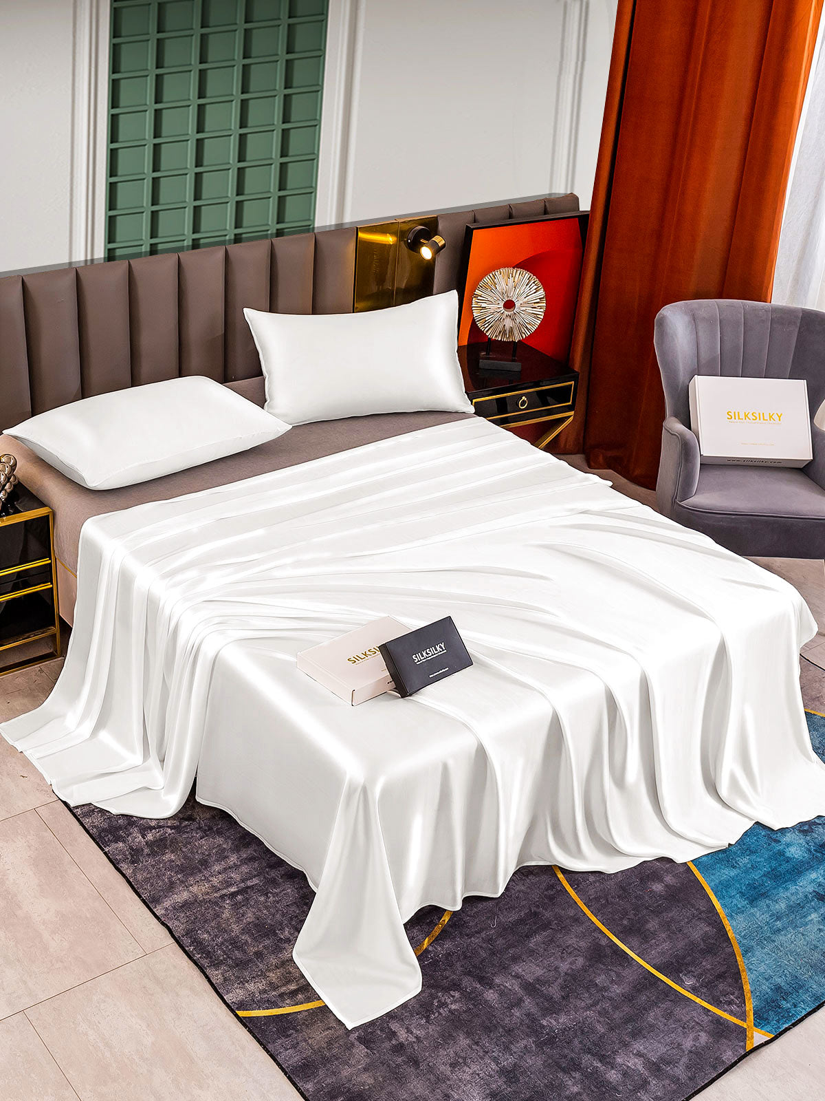 [White] SilkSilky-CA 25Momme Pure Silk Bedding Set 002