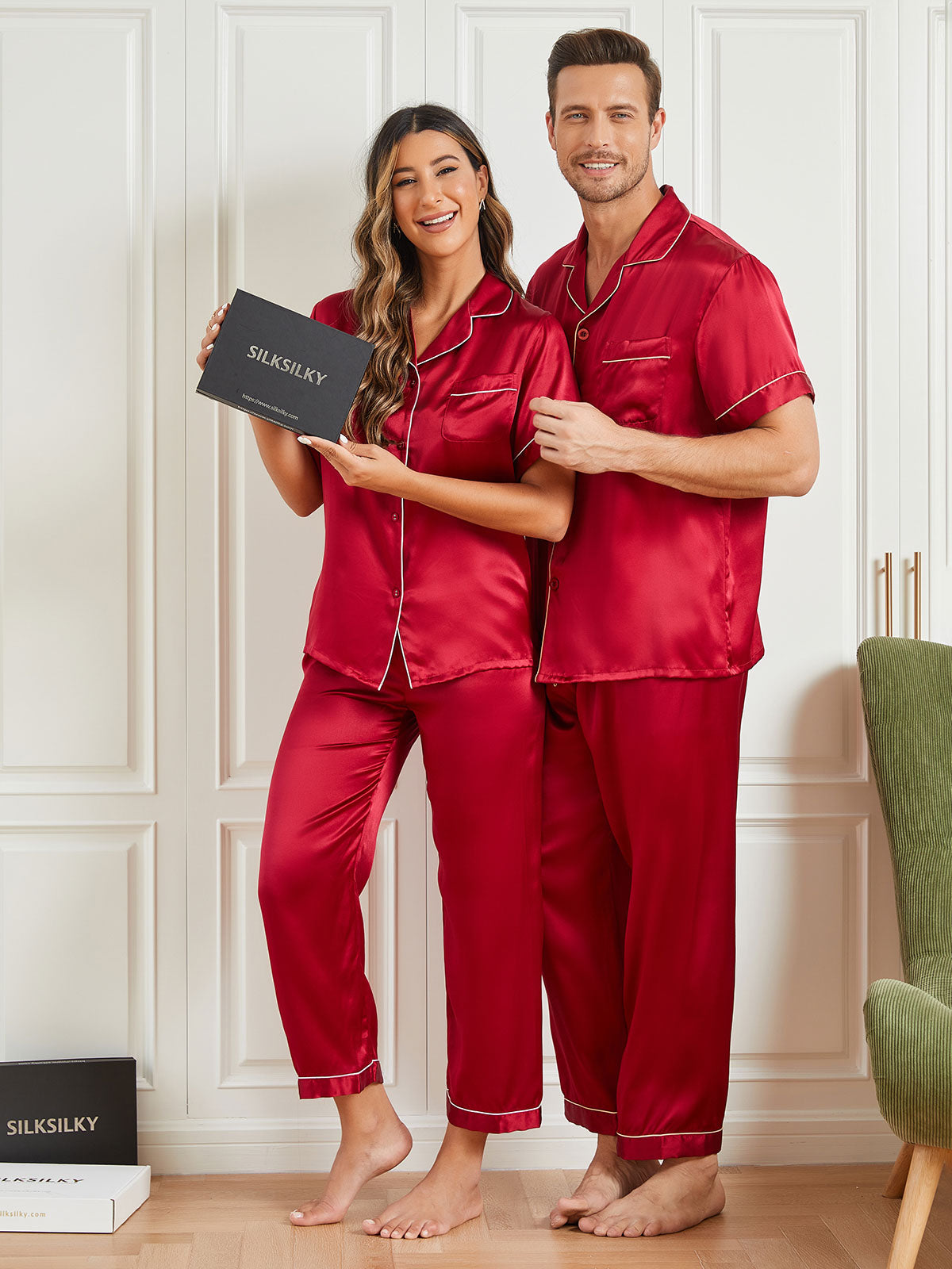 [Wine] SilkSilky-CA Pure Silk Short Sleeve Couple 005