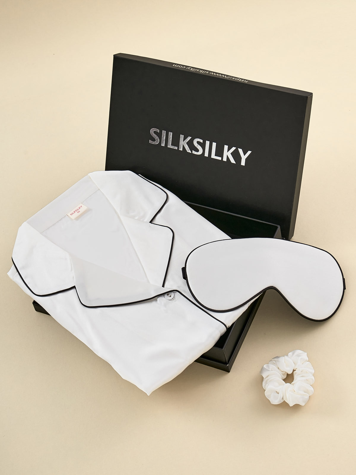 SilkSilky CA Pure Silk Long Sleeve Lapel Women's Pajamas White 001